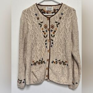 Vintage Fiberwork HandEmbroidered Floral Cream Open Button Cardigan Sweater Sz M